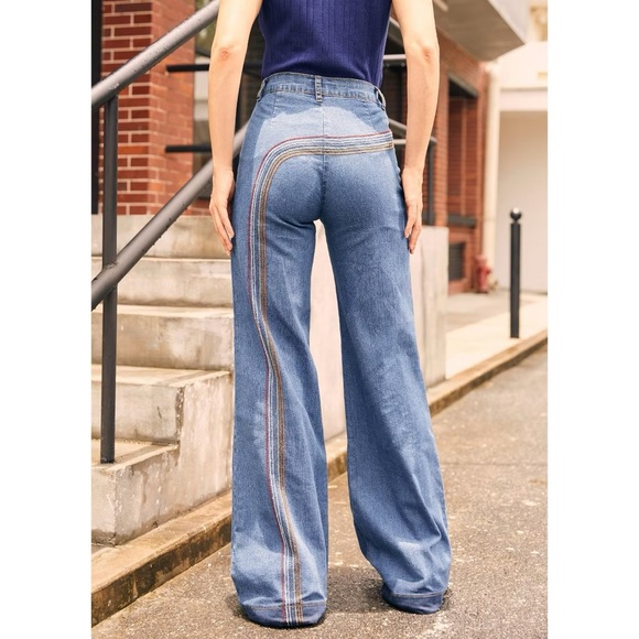 Modcloth Rainbow With Me 70s Blue Flare Jeans with Rainbow Stripe - Picture 2 of 6